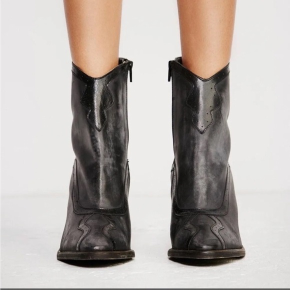 Free People Leather Western Distressed Block Heel Cowgirl Ankle Boots - Picture 3 of 15